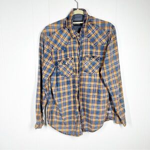 Indigo Nation Orange and Denim Plaid Snap Front Long Sleeve Shirt Large